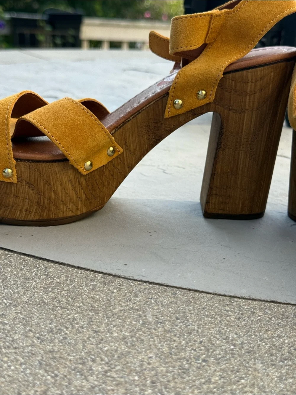 Aldo Mustard Suede Platform Sandals with Wood-Effect Block Heel